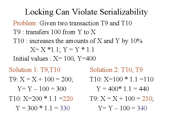 Locking Can Violate Serializability Problem: Given two transaction T 9 and T 10 T