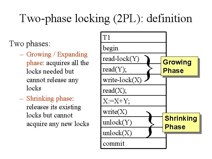 Two-phase locking (2 PL): definition Two phases: – Growing / Expanding phase: acquires all