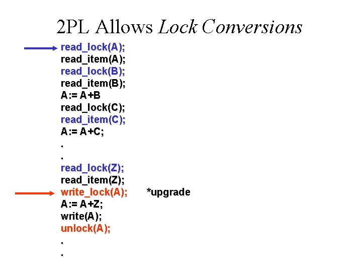 2 PL Allows Lock Conversions read_lock(A); read_item(A); read_lock(B); read_item(B); A: = A+B read_lock(C); read_item(C);