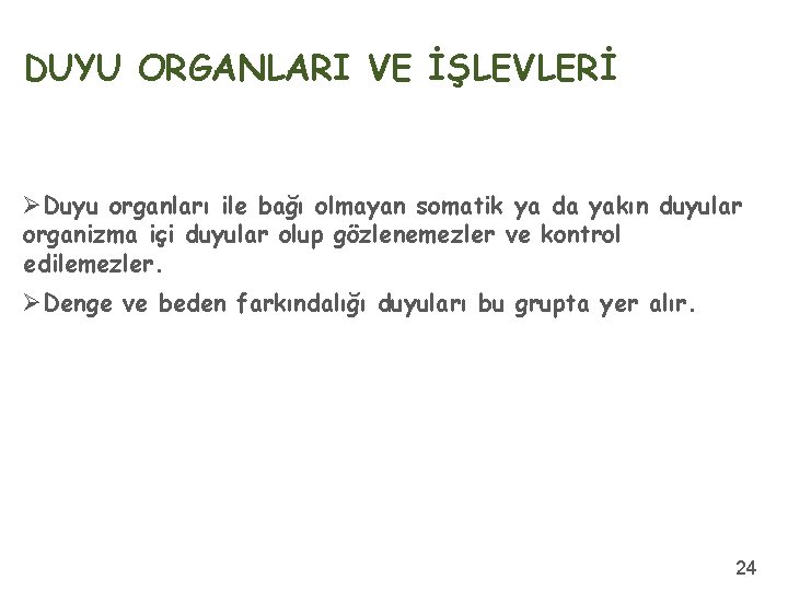 DUYU ORGANLARI VE İŞLEVLERİ ØDuyu organları ile bağı olmayan somatik ya da yakın duyular