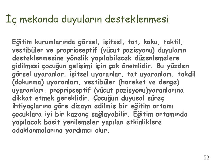 İç mekanda duyuların desteklenmesi Eğitim kurumlarında görsel, işitsel, tat, koku, taktil, vestibüler ve proprioseptif