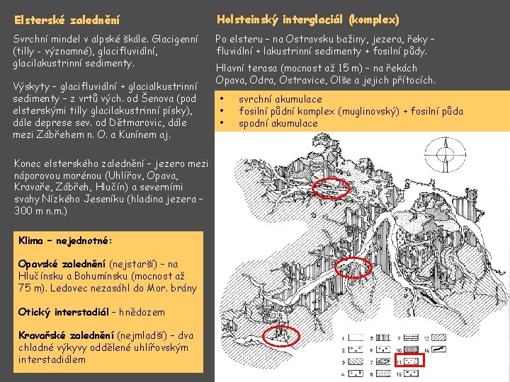 Elsterské zalednění Holsteinský interglaciál (komplex) Svrchní mindel v alpské škále. Glacigenní (tilly - významné),