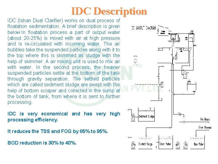 IDC Description IDC (Ishan Dual Clarifier) works on dual process of floatation sedimentation. A