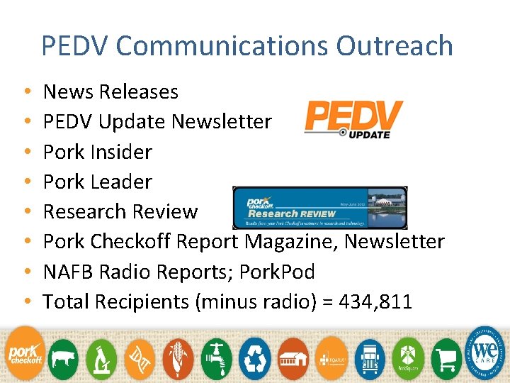 PEDV Communications Outreach • • News Releases PEDV Update Newsletter Pork Insider Pork Leader