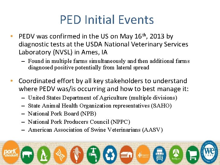 PED Initial Events • PEDV was confirmed in the US on May 16 th,