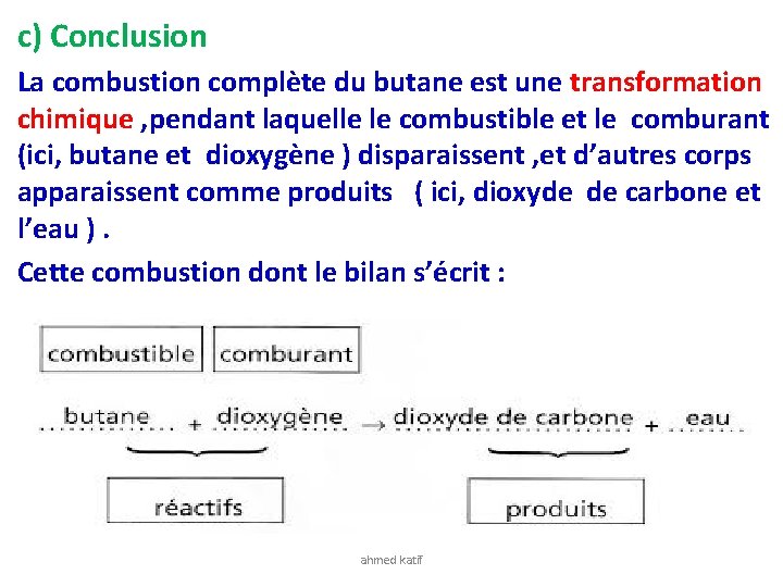 c) Conclusion La combustion complète du butane est une transformation chimique , pendant laquelle