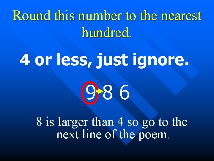 Round this number to the nearest hundred. 4 or less, just ignore. 986 8