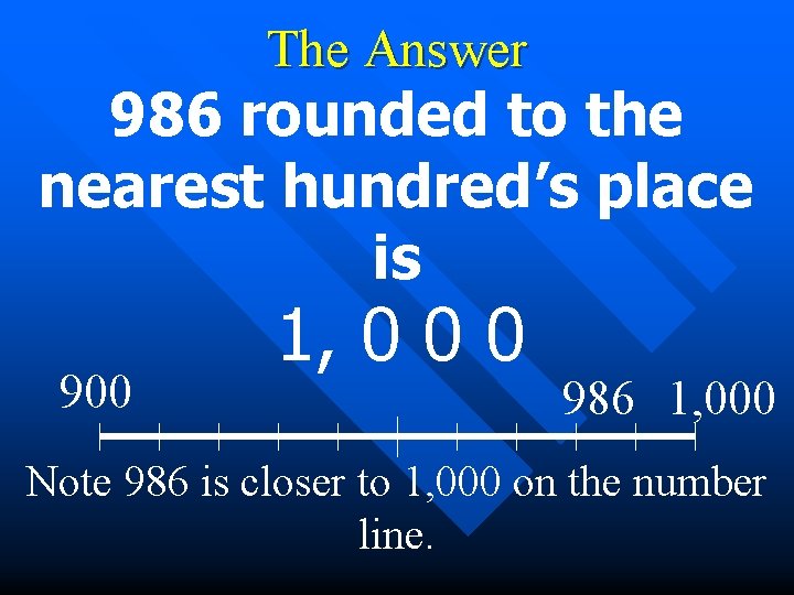 The Answer 986 rounded to the nearest hundred’s place is 900 1, 0 0