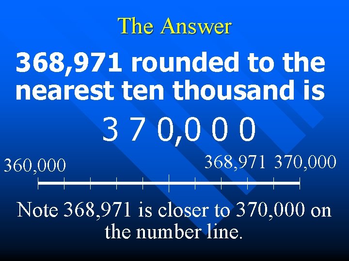 The Answer 368, 971 rounded to the nearest ten thousand is 3 7 0,