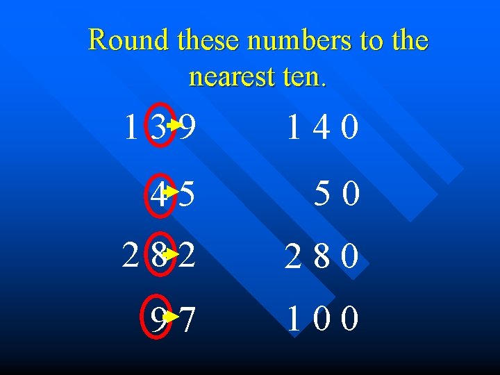 Round these numbers to the nearest ten. 139 140 45 50 282 280 97