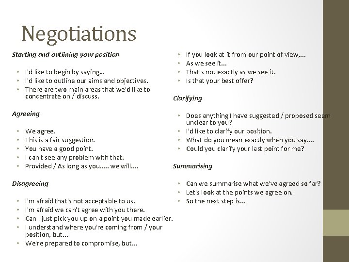 Negotiations Starting and outlining your position • I'd like to begin by saying. .