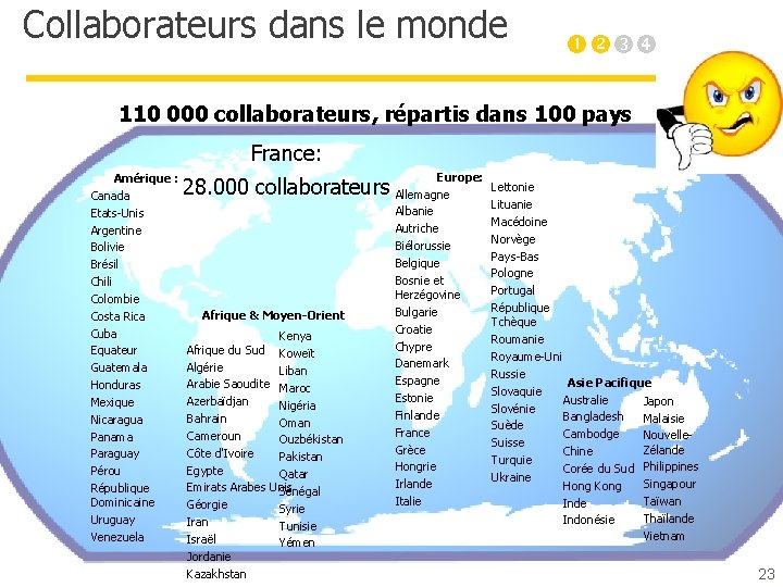 Collaborateurs dans le monde 110 000 collaborateurs, répartis dans 100 pays France: Amérique :