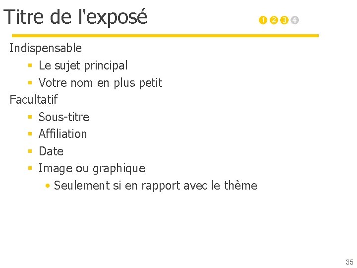 Titre de l'exposé Indispensable § Le sujet principal § Votre nom en plus petit