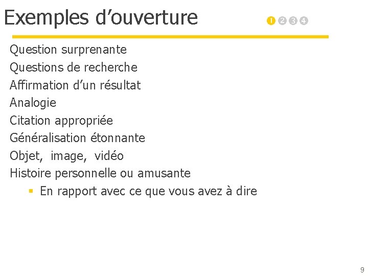 Exemples d’ouverture Question surprenante Questions de recherche Affirmation d’un résultat Analogie Citation appropriée Généralisation