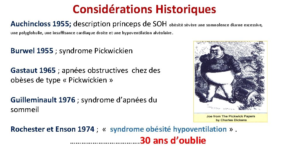 Considérations Historiques Auchincloss 1955; description princeps de SOH obésité sévère une somnolence diurne excessive,