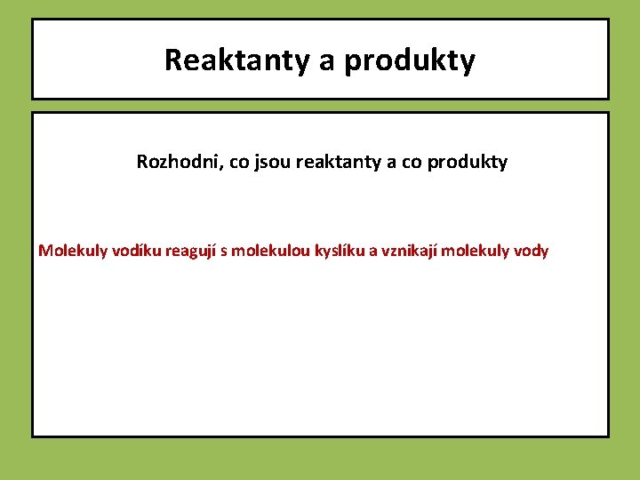 Reaktanty a produkty Rozhodni, co jsou reaktanty a co produkty Molekuly vodíku reagují s