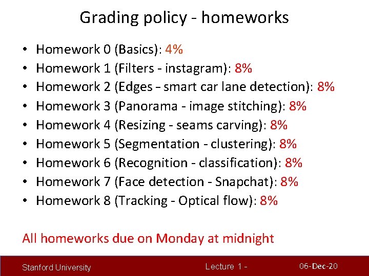 Grading policy - homeworks • • • Homework 0 (Basics): 4% Homework 1 (Filters