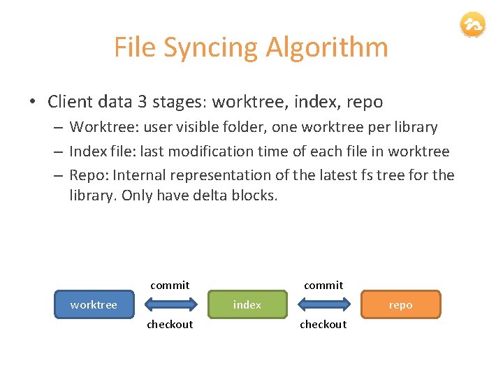 File Syncing Algorithm • Client data 3 stages: worktree, index, repo – Worktree: user