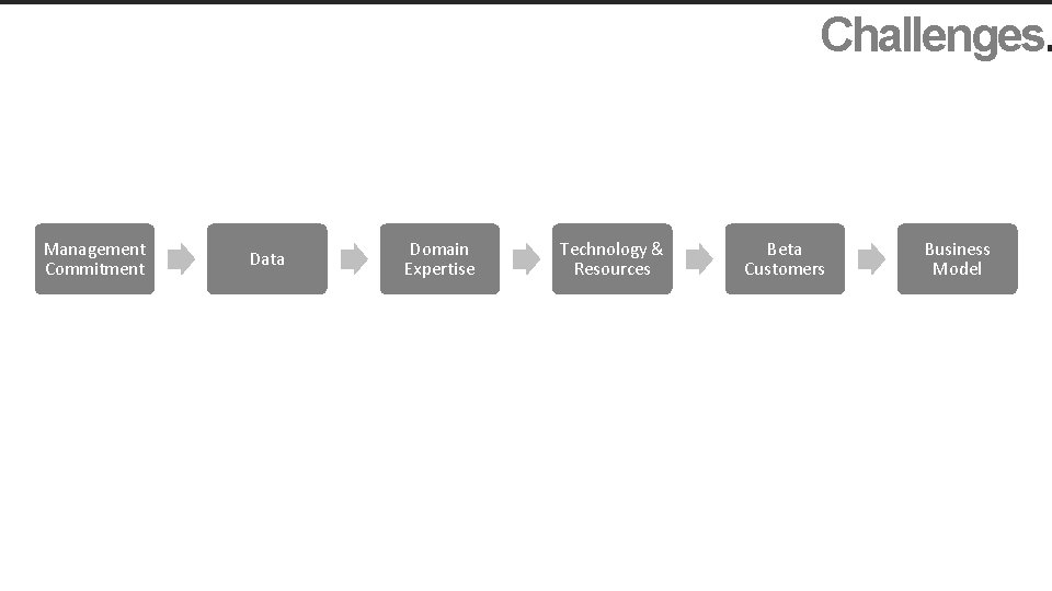 Challenges. Management Commitment Data Domain Expertise Technology & Resources Beta Customers Business Model 