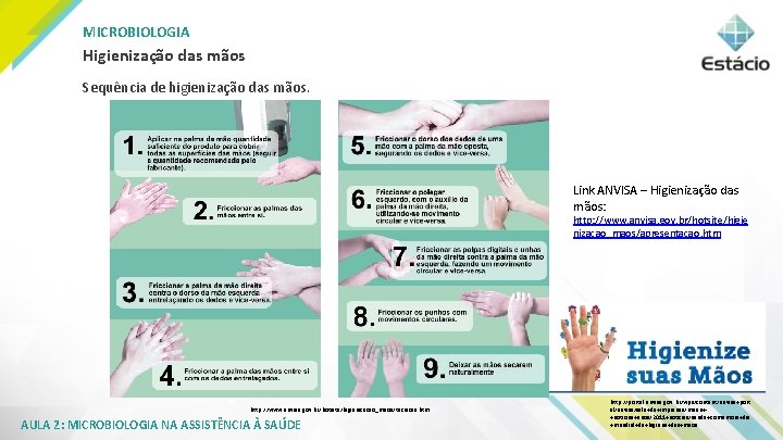 MICROBIOLOGIA Higienização das mãos Sequência de higienização das mãos. Link ANVISA – Higienização das