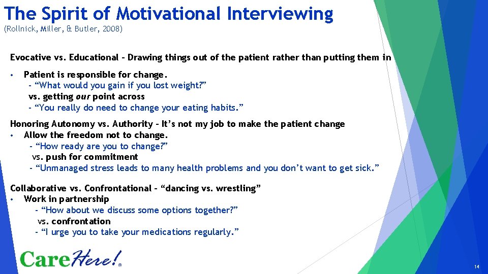 The Spirit of Motivational Interviewing (Rollnick, Miller, & Butler, 2008) Evocative vs. Educational –