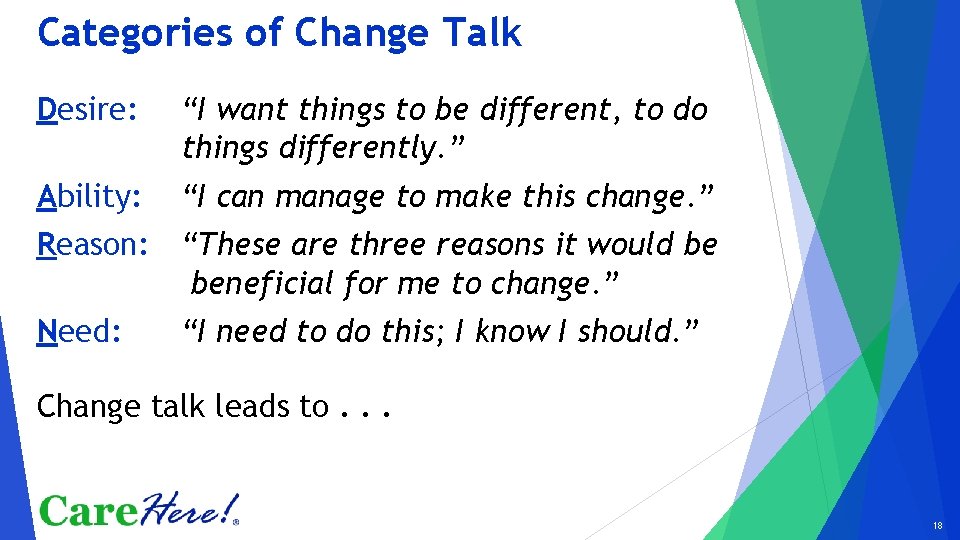 Categories of Change Talk Desire: “I want things to be different, to do things