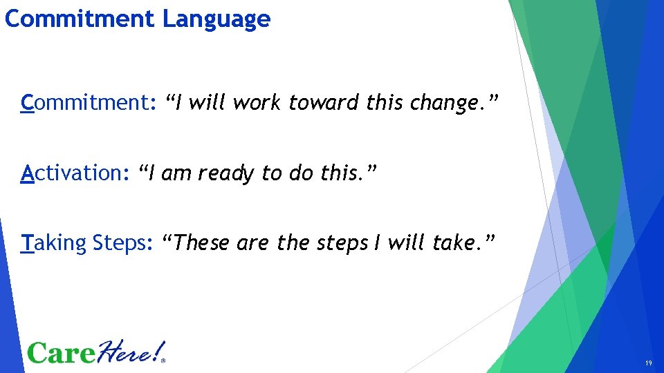 Commitment Language Commitment: “I will work toward this change. ” Activation: “I am ready