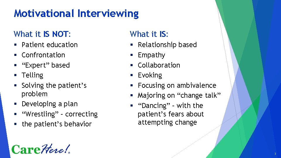 Motivational Interviewing What it IS NOT: What it IS: Patient education Confrontation “Expert” based
