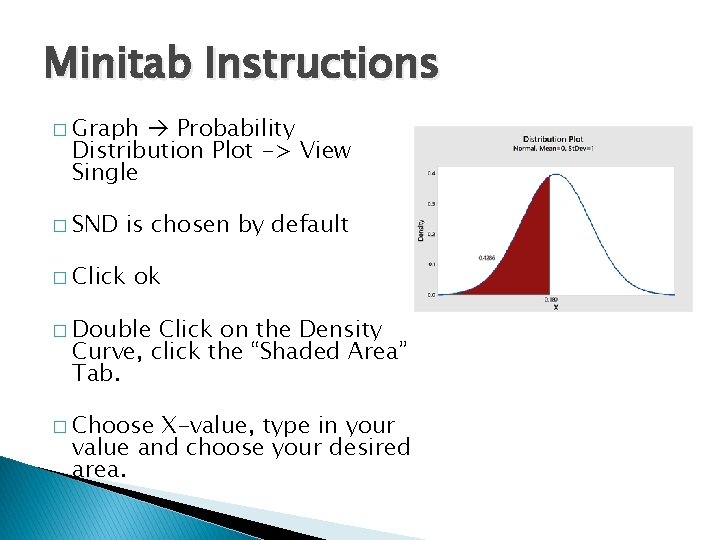 Minitab Instructions � Graph Probability Distribution Plot -> View Single � SND is chosen