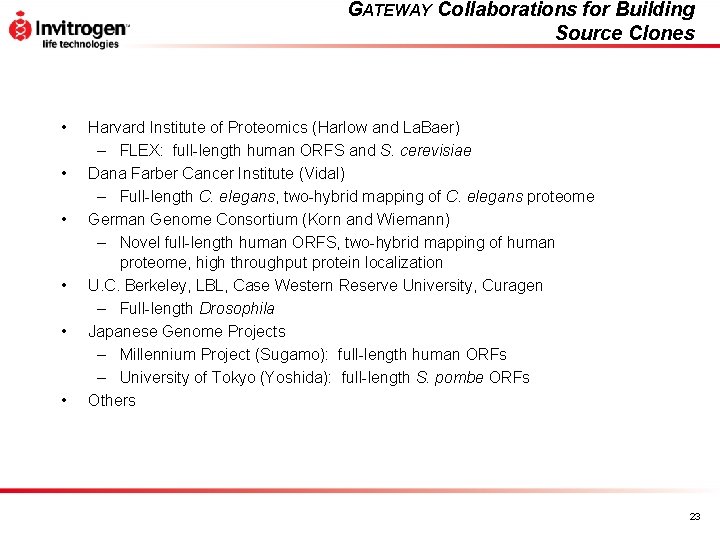 GATEWAY Collaborations for Building Source Clones • • • Harvard Institute of Proteomics (Harlow