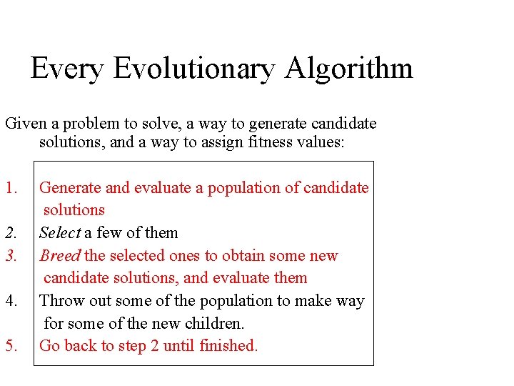 Every Evolutionary Algorithm Given a problem to solve, a way to generate candidate solutions,