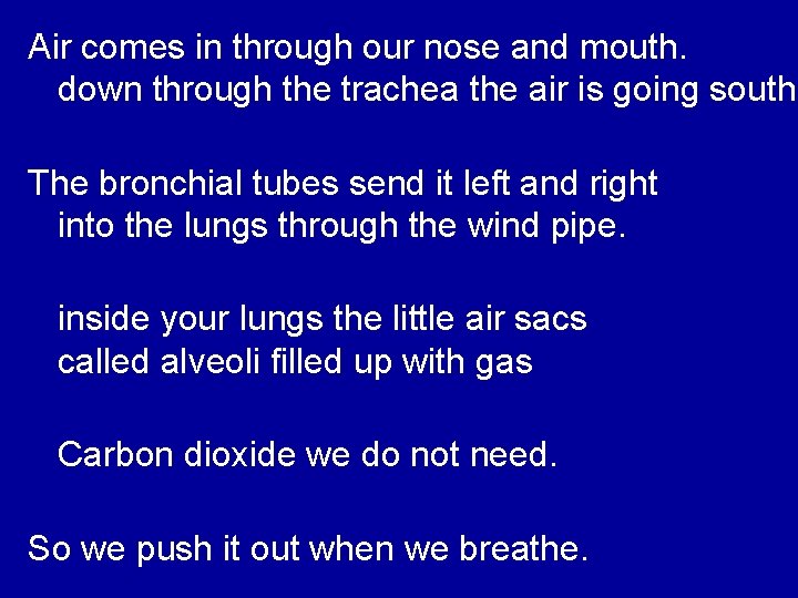 Air comes in through our nose and mouth. down through the trachea the air