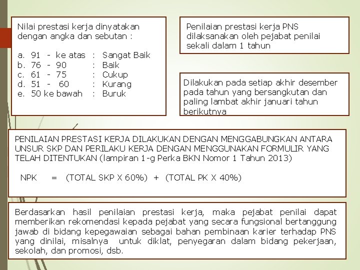 Nilai prestasi kerja dinyatakan dengan angka dan sebutan : a. b. c. d. e.