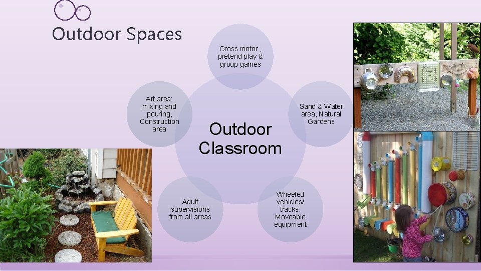 Outdoor Spaces Gross motor , pretend play & group games Art area: mixing and