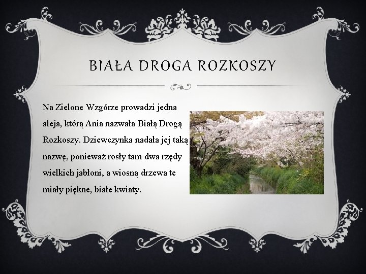 BIAŁA DROGA ROZKOSZY Na Zielone Wzgórze prowadzi jedna aleja, którą Ania nazwała Białą Drogą