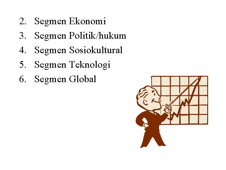 2. 3. 4. 5. 6. Segmen Ekonomi Segmen Politik/hukum Segmen Sosiokultural Segmen Teknologi Segmen