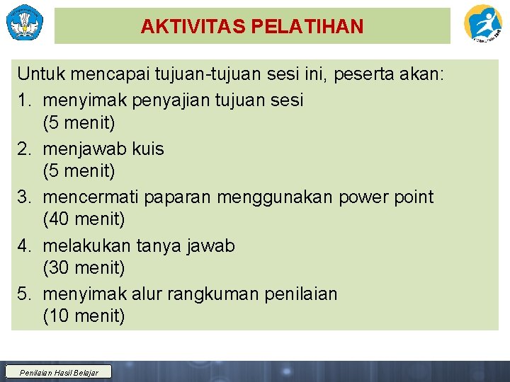 AKTIVITAS PELATIHAN Untuk mencapai tujuan-tujuan sesi ini, peserta akan: 1. menyimak penyajian tujuan sesi