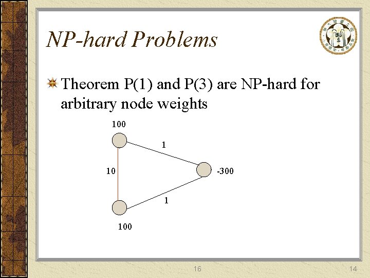 NP-hard Problems Theorem P(1) and P(3) are NP-hard for arbitrary node weights 100 1