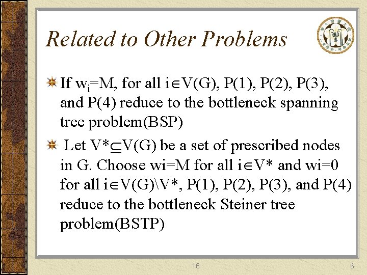 Related to Other Problems If wi=M, for all i V(G), P(1), P(2), P(3), and