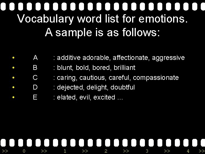 Vocabulary word list for emotions. A sample is as follows: • • • >>