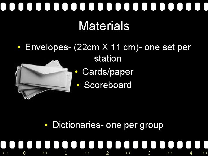 Materials • Envelopes- (22 cm X 11 cm)- one set per station • Cards/paper