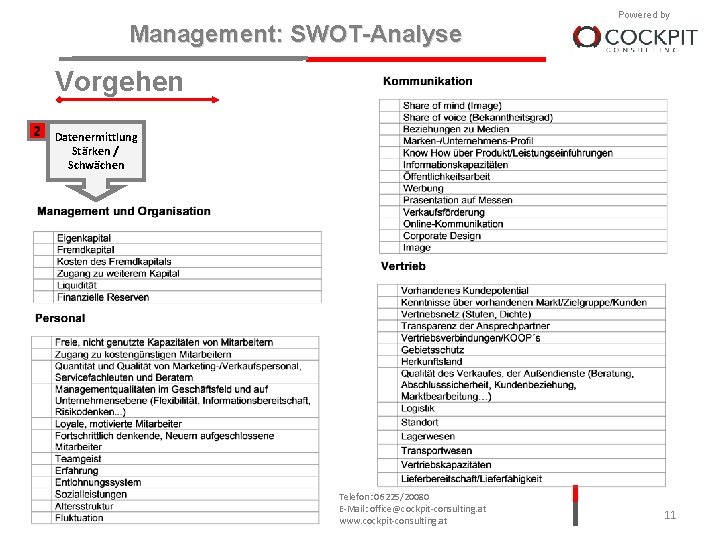 Management: SWOT-Analyse Powered by Vorgehen 2 Datenermittlung Stärken / Schwächen 1. 10. 2010 Cockpit-Consulting