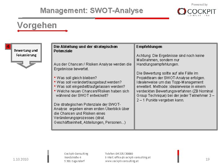 Management: SWOT-Analyse Powered by Vorgehen 4 Bewertung und Fokussierung Die Ableitung und der strategischen