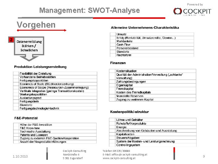 Management: SWOT-Analyse Powered by Vorgehen 2 Datenermittlung Stärken / Schwächen 1. 10. 2010 Cockpit-Consulting