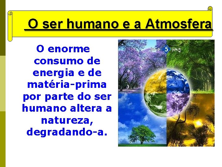 O ser humano e a Atmosfera O enorme consumo de energia e de matéria-prima