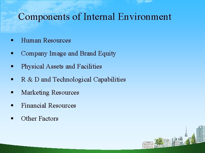 Components of Internal Environment Human Resources Company Image and Brand Equity Physical Assets and
