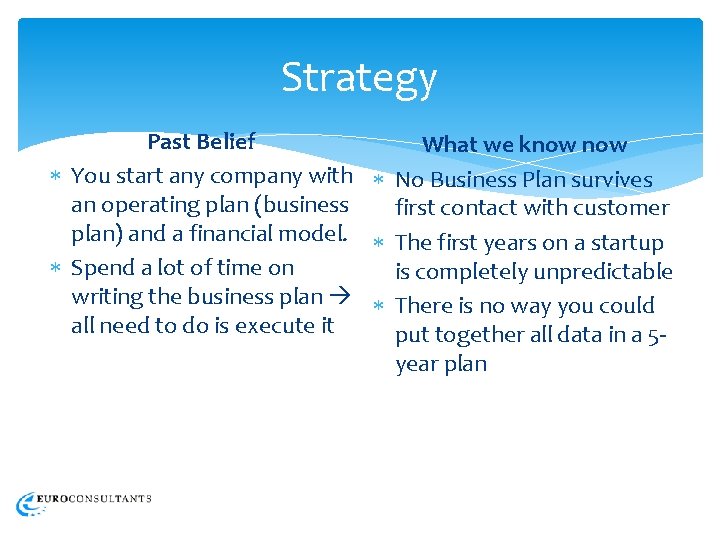 Strategy Past Belief What we know You start any company with No Business Plan