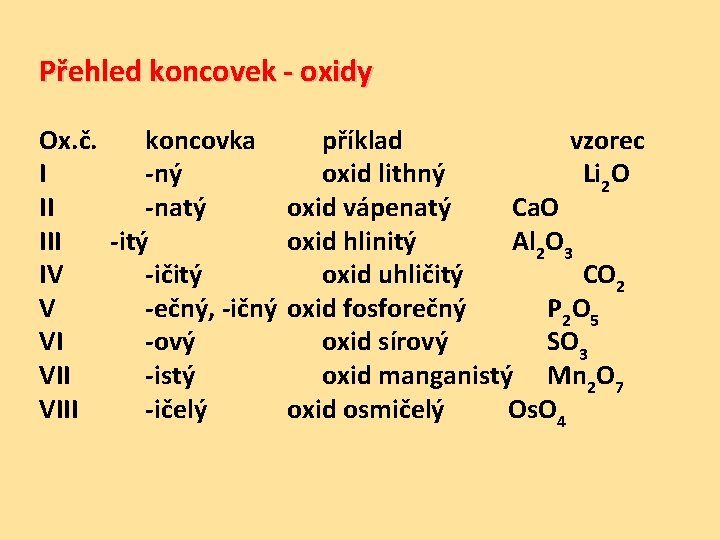 Přehled koncovek - oxidy Ox. č. koncovka I -ný II -natý III -itý IV