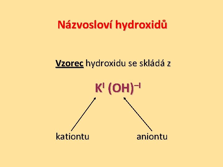 Názvosloví hydroxidů Vzorec hydroxidu se skládá z KI (OH)–I kationtu aniontu 