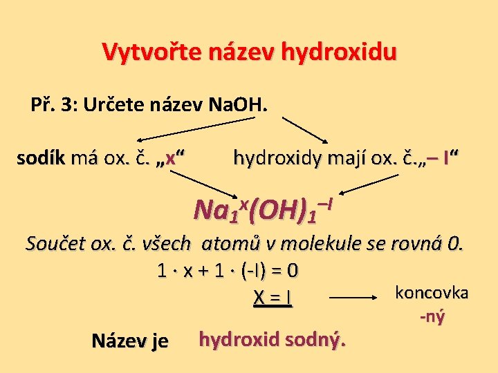 Vytvořte název hydroxidu Př. 3: Určete název Na. OH. sodík má ox. č. „x“